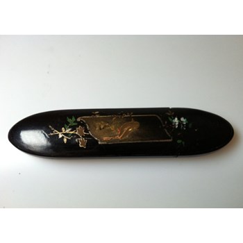 Antique 1860 abalone, pewter inlaid papier mache spectacle case.