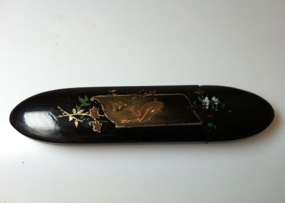 Antique 1860 abalone, pewter inlaid papier mache spectacle case.
