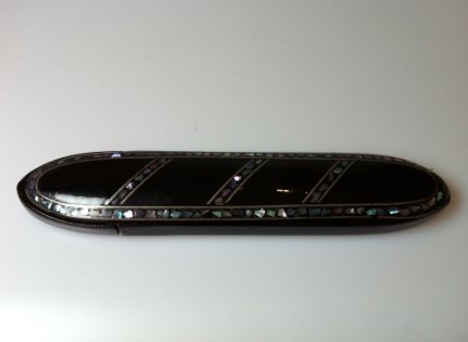 1860 Abalone, pewter inlaid papier mache spectacle case.