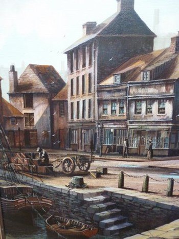 ORIGINAL LARGE OIL PAINTING OF 19TH CENTURY SCENE OF PADSTOW QUAYSIDE CORNWALL.