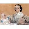 PASTEL & GOUACHE VICTORIAN PORTRAIT PAINTING OF MOTHER HOLDING YOUNG CHILD.