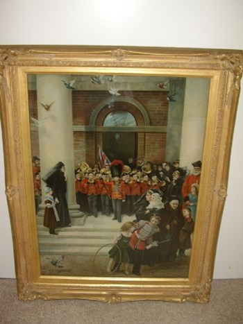 VICTORIAN COLOURED PRINT UNDER GLASS OF A CHILDRENS BRASS BAND.