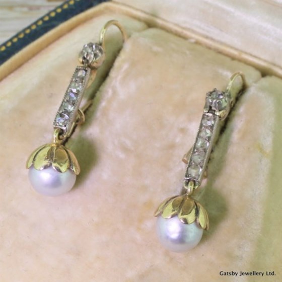 Victorian Natural Grey Pearl & Rose Cut Diamond Drop Earrings, circa 1880