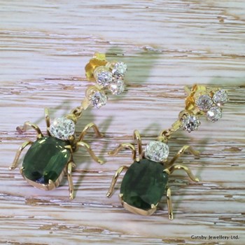 Victorian Green Sapphire & Old Cut Diamond Insect Earrings, circa 1900