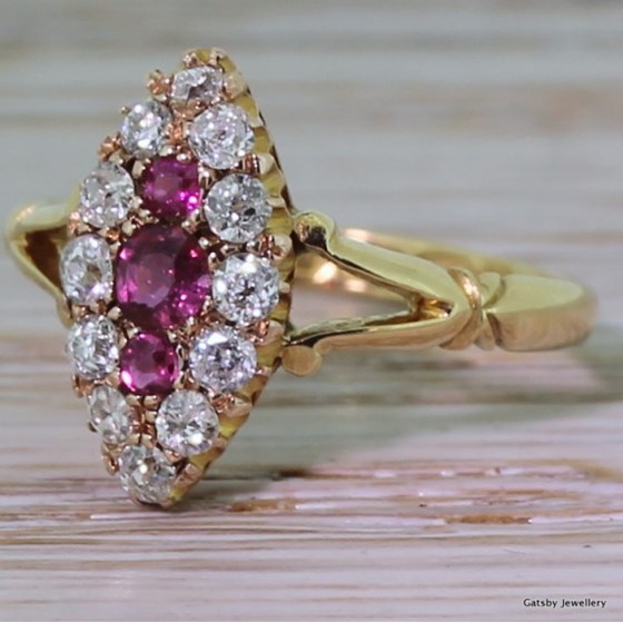 Victorian Ruby & Diamond Marquise Shape Cluster Ring, dated 1893