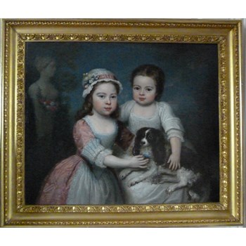 Portrait of Two Young Girls and Their Spaniel c. 1800, English School.