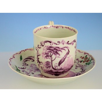 RARE EARLY WORCESTER PEACOCK COFFEE CUP & SAUCER WORCESTER PORCELAIN c1758.