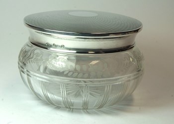 Very Fine Cut & Etched Glass Powder Jar with Solid Silver Engine Turned Lid.  Adie Bros.