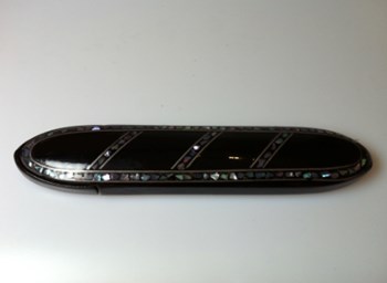 Antique 1870 abalone, Pewter inlaid papier mache spectacle case.