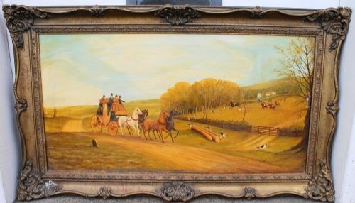 19th CENTURY OIL PAINTING OF MAIL COACH & HORSES BY ARTIST WILLIAM GARRETT.