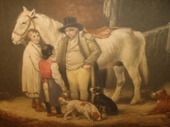 VICTORIAN PRINT AFTER SHAYLER OF HORSE AND DOGS IN A BARN SETTING 25.75 X 20 INCHES.