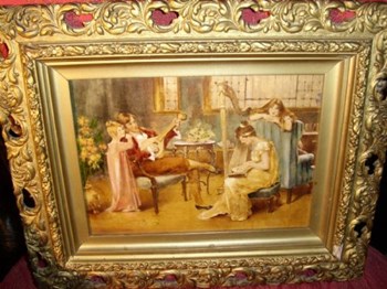 19TH CENTURY VICTORIAN GENRE OIL PAINTING OF FAMILY ENJOYING A MUSICAL EVENING.