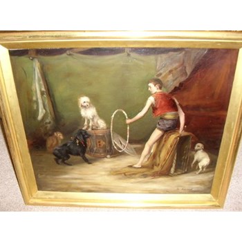 CIRCUS OIL PAINTING TITLED " THE REHEARSALS " OF BOY TRAINING HIS DOGS & MONKEY.