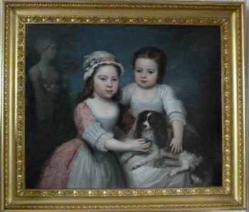 Portrait of Two Young Girls and Their Spaniel c. 1800, English School.