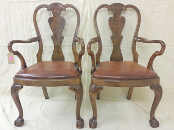 Pair of Walnut Queen Anne Style Open Armchairs